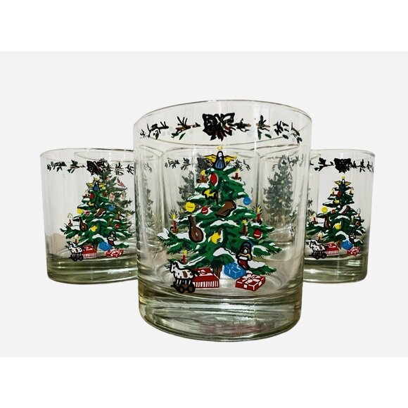 Vintage Set~7 CHRISTMAS TREE Crystal Tumbler 4 @ 3 1/2” 3 @ 4” Tall - Picture 3 of 5